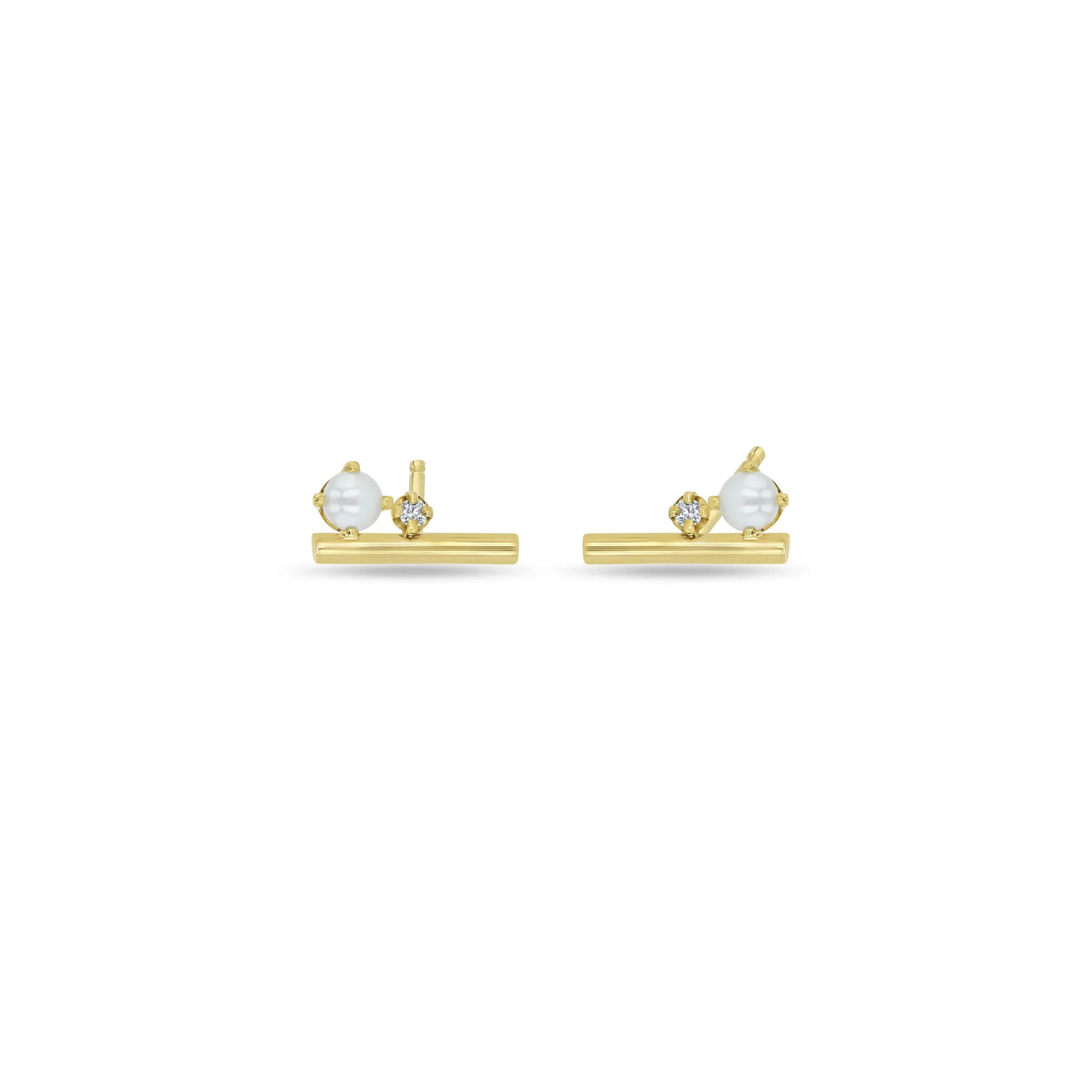 14k Pearl & Prong Diamonds Round Bar Studs