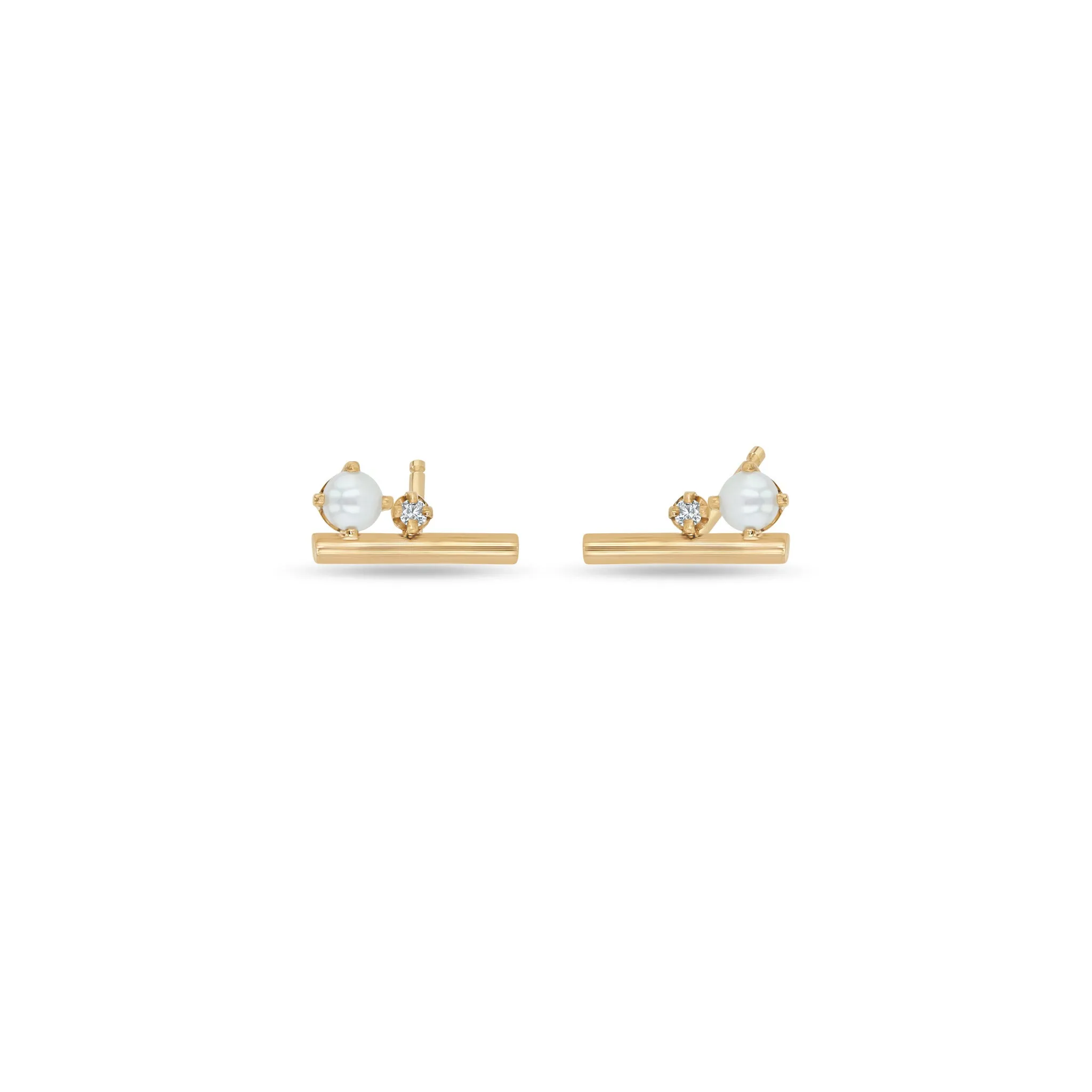 14k Pearl & Prong Diamonds Round Bar Studs