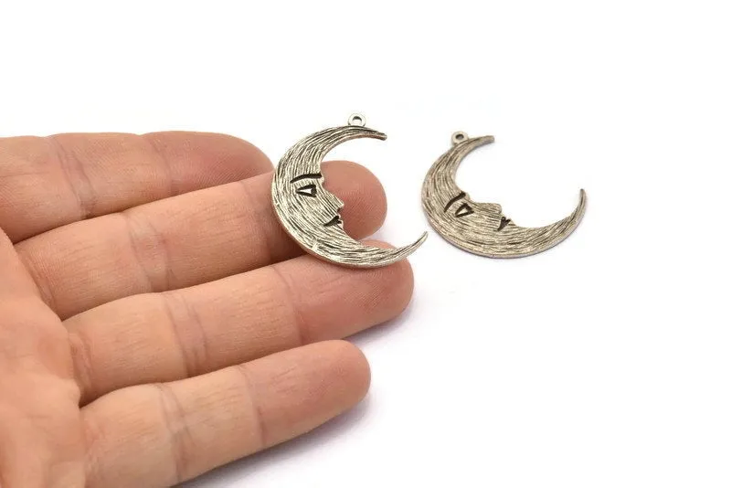 Antique Silver Moon Charm, 4 Antique Silver Brass Crescent Moon Charms With 1 Loop (32x1.2mm) N1512