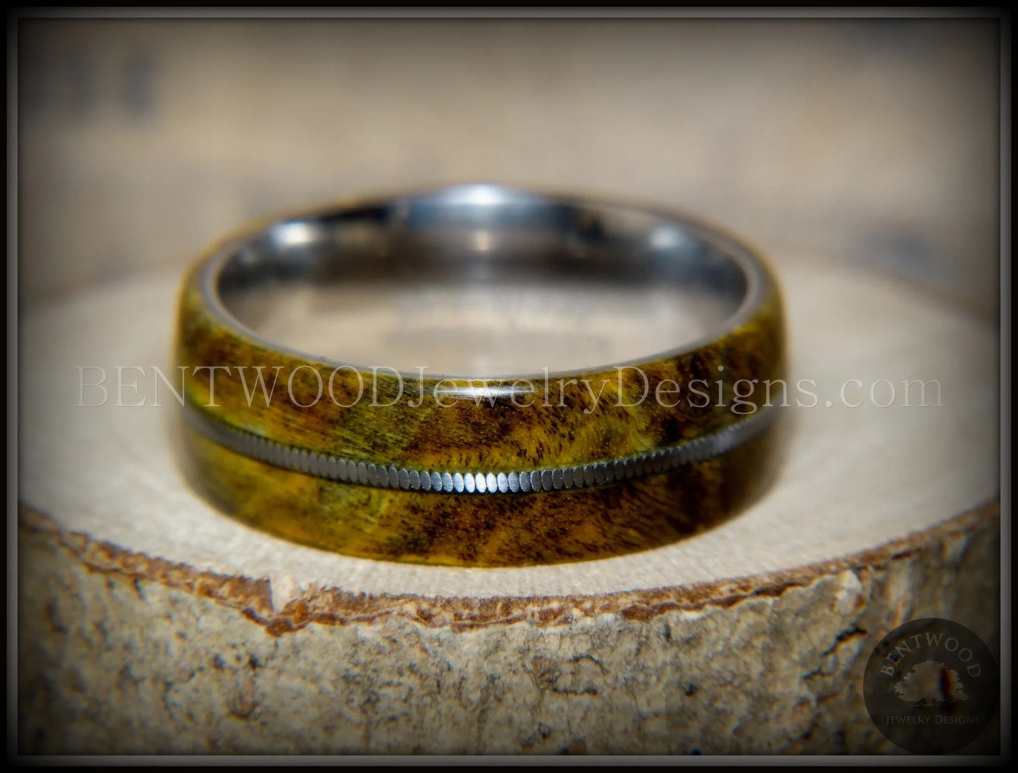 Bentwood Ring - Forest Dye Box Elder on Surgical Stainless Steel with Silver Guitar String Inlay