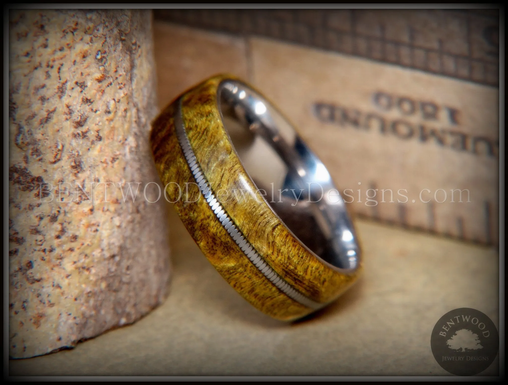 Bentwood Ring - Forest Dye Box Elder on Surgical Stainless Steel with Silver Guitar String Inlay