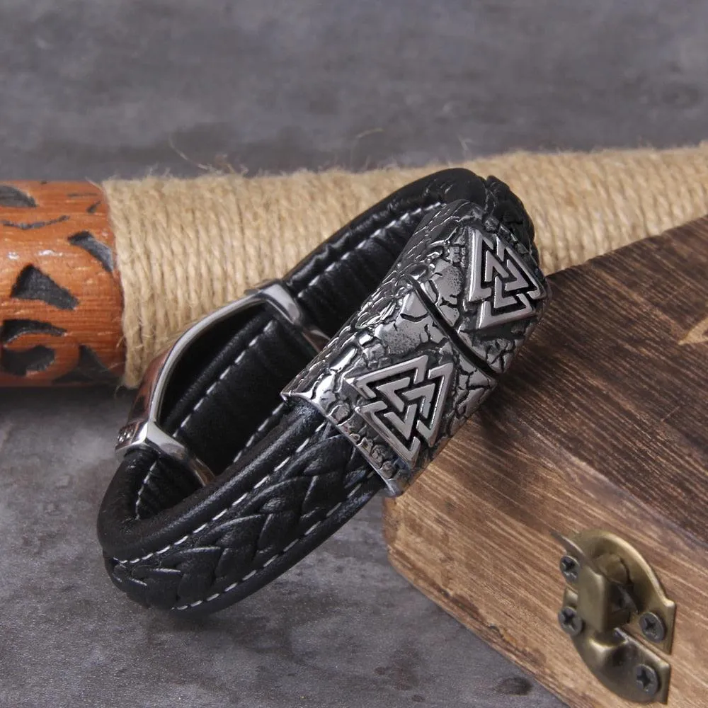 Leather Viking Bracelet Vegvisir & Valknut