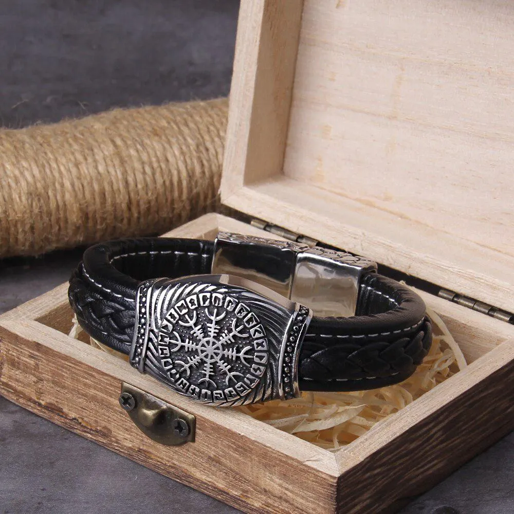 Leather Viking Bracelet Vegvisir & Valknut