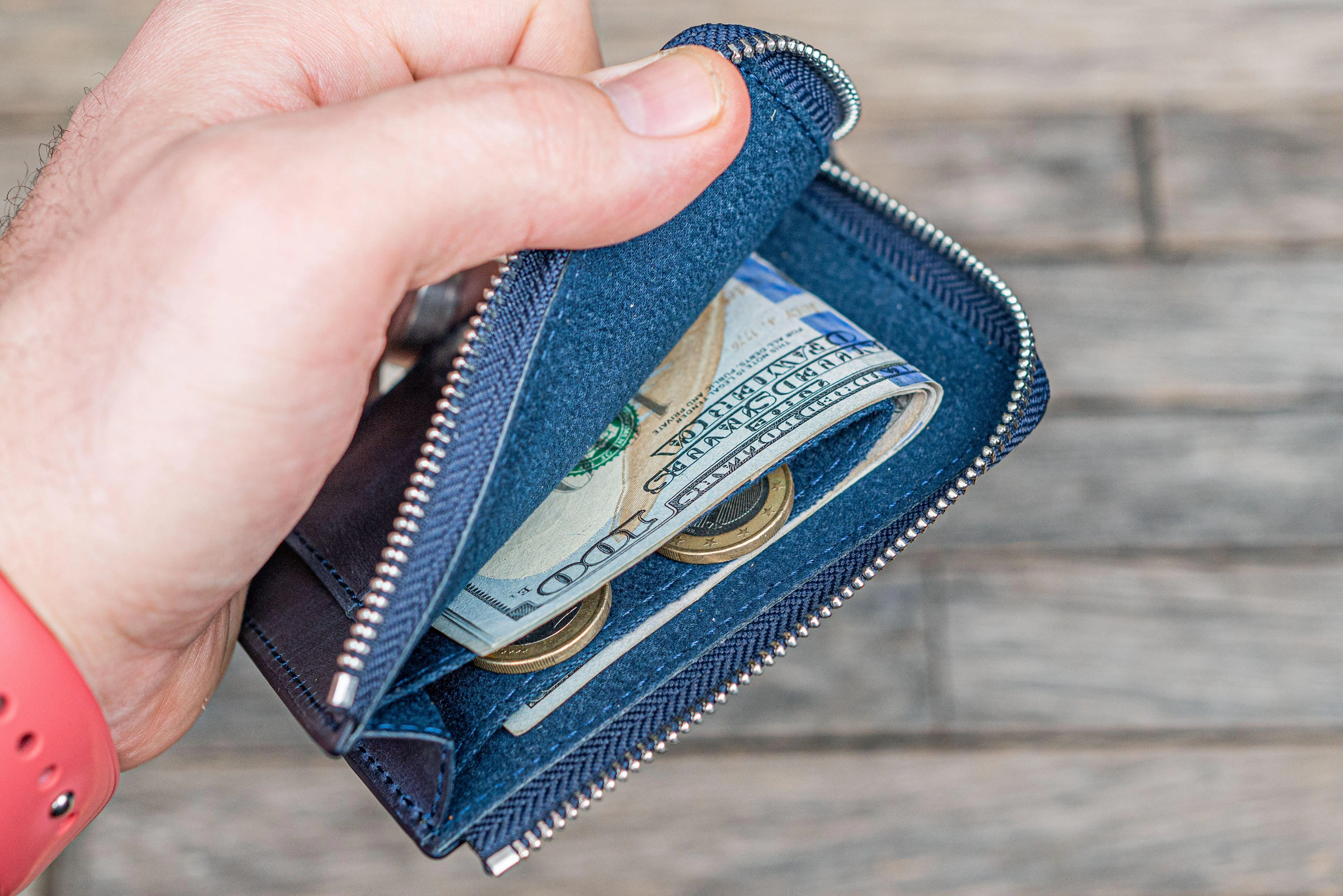 Leather Zippered Mega Mini Wallet - Crazy Horse Navy Blue