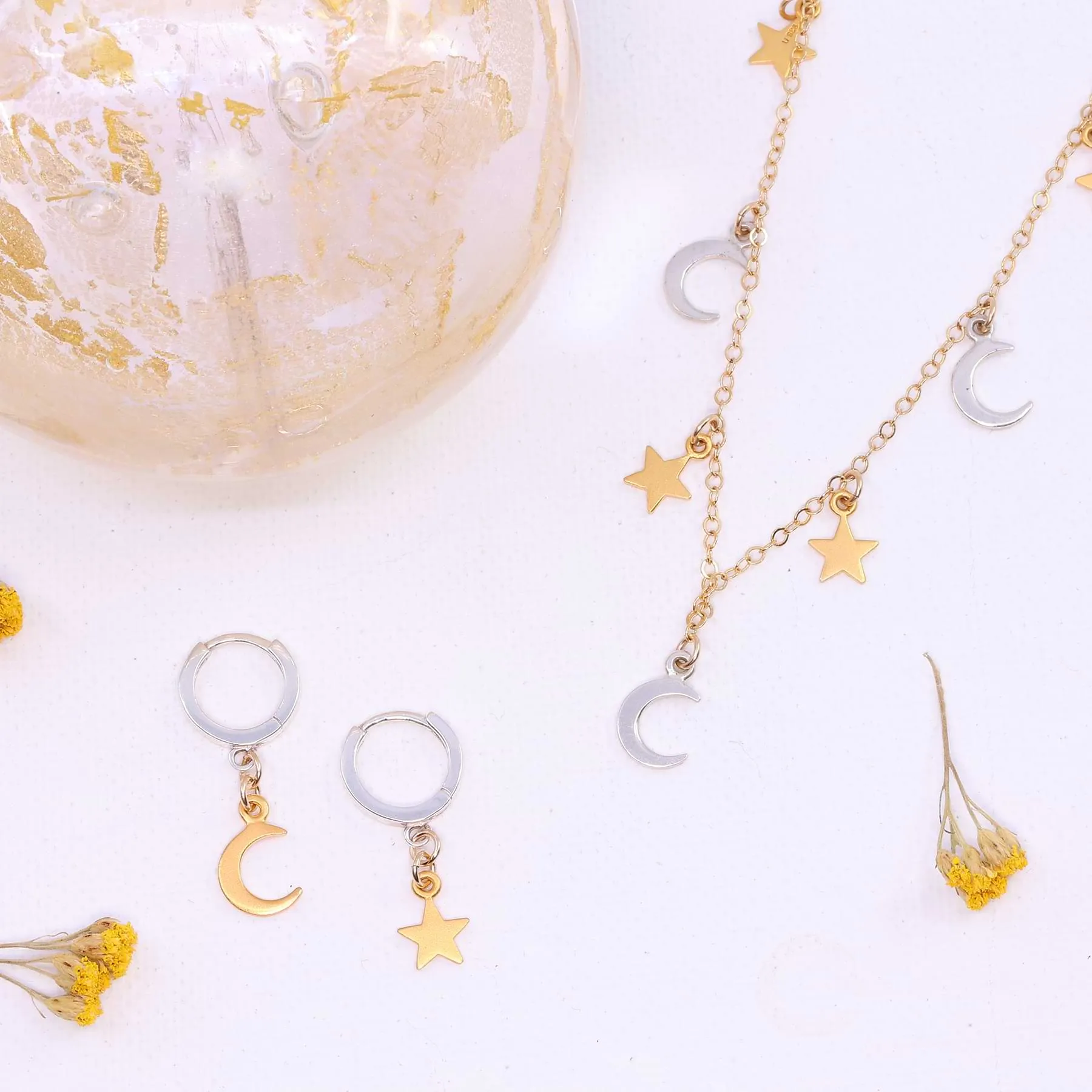 Moonstruck - Celestial Mixed Metal Huggies Hoop Earrings