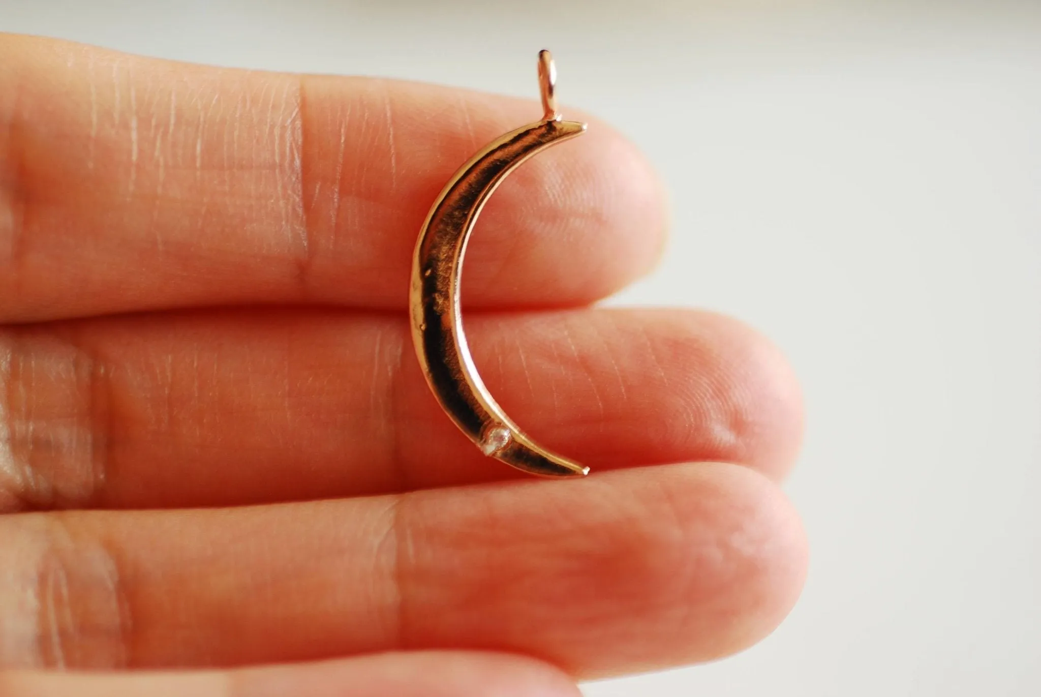 Wholesale Gold Crescent Moon with Cubic Zirconia Stone- 22k Gold Plated 925 Sterling Silver, Gold Moon with CZ Accent, Pave Horn, Attached Bail, 366