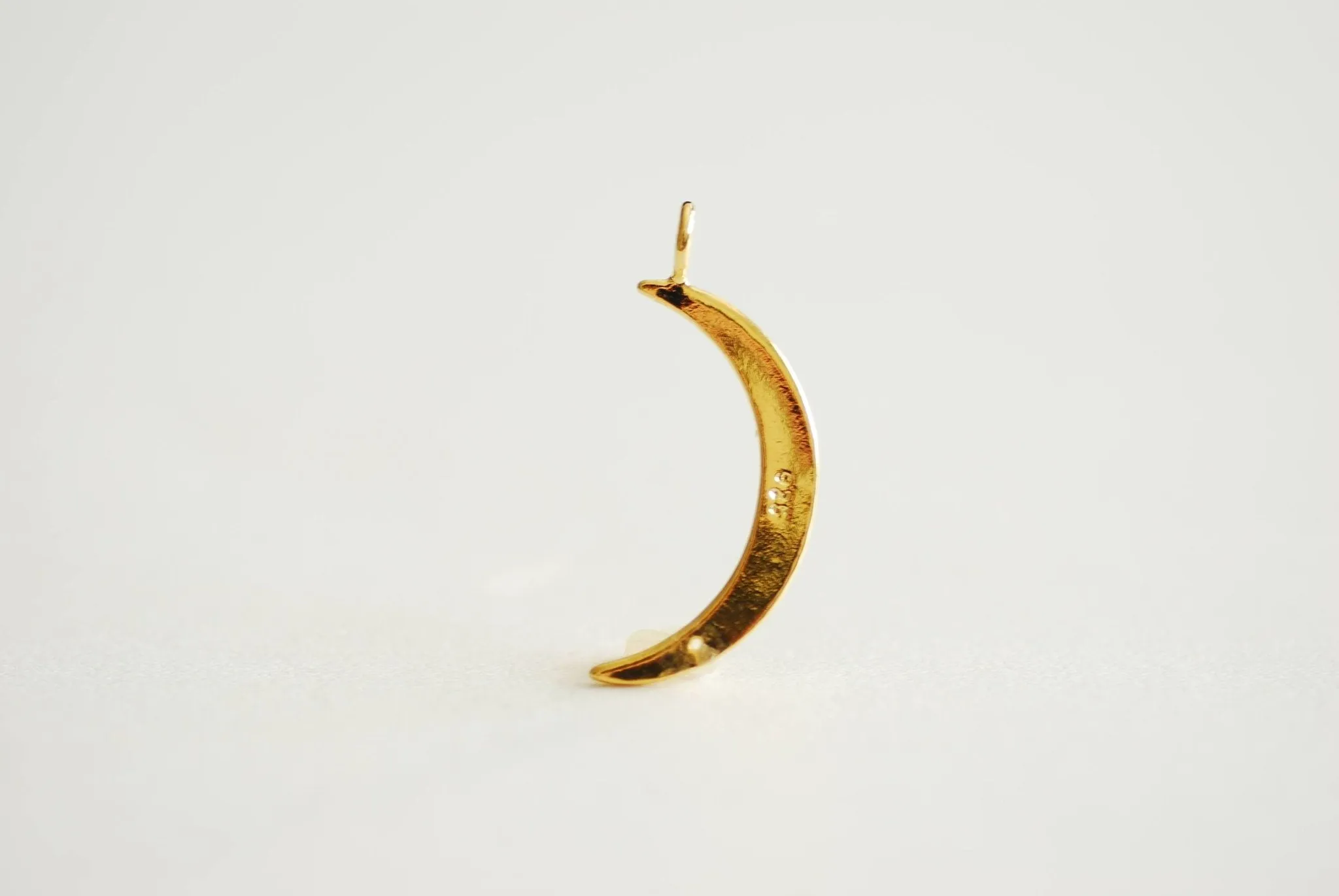 Wholesale Gold Crescent Moon with Cubic Zirconia Stone- 22k Gold Plated 925 Sterling Silver, Gold Moon with CZ Accent, Pave Horn, Attached Bail, 366
