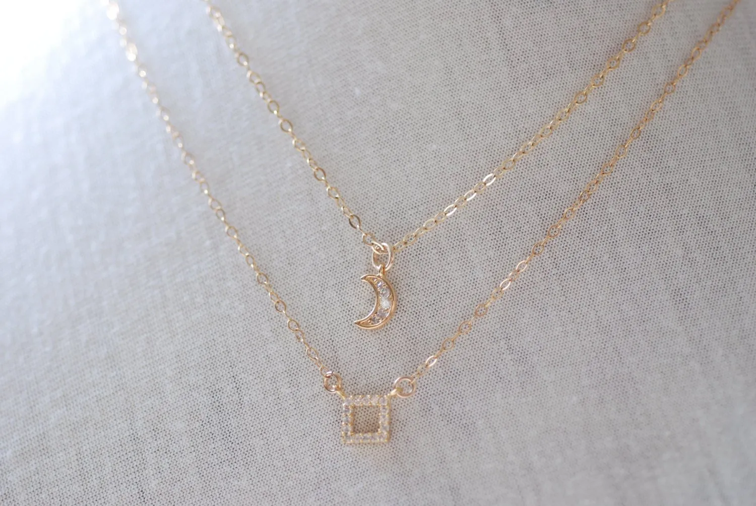 Wholesale Gold Square Necklace- Layer Necklace, Crescent Moon Necklace,14k gold filled Chain